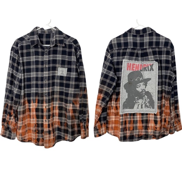 Hand Crafted Other - Jimi Hendrix Upcycled Plaid Button Down Flannel Shirt Bleached Mens Unisex Large